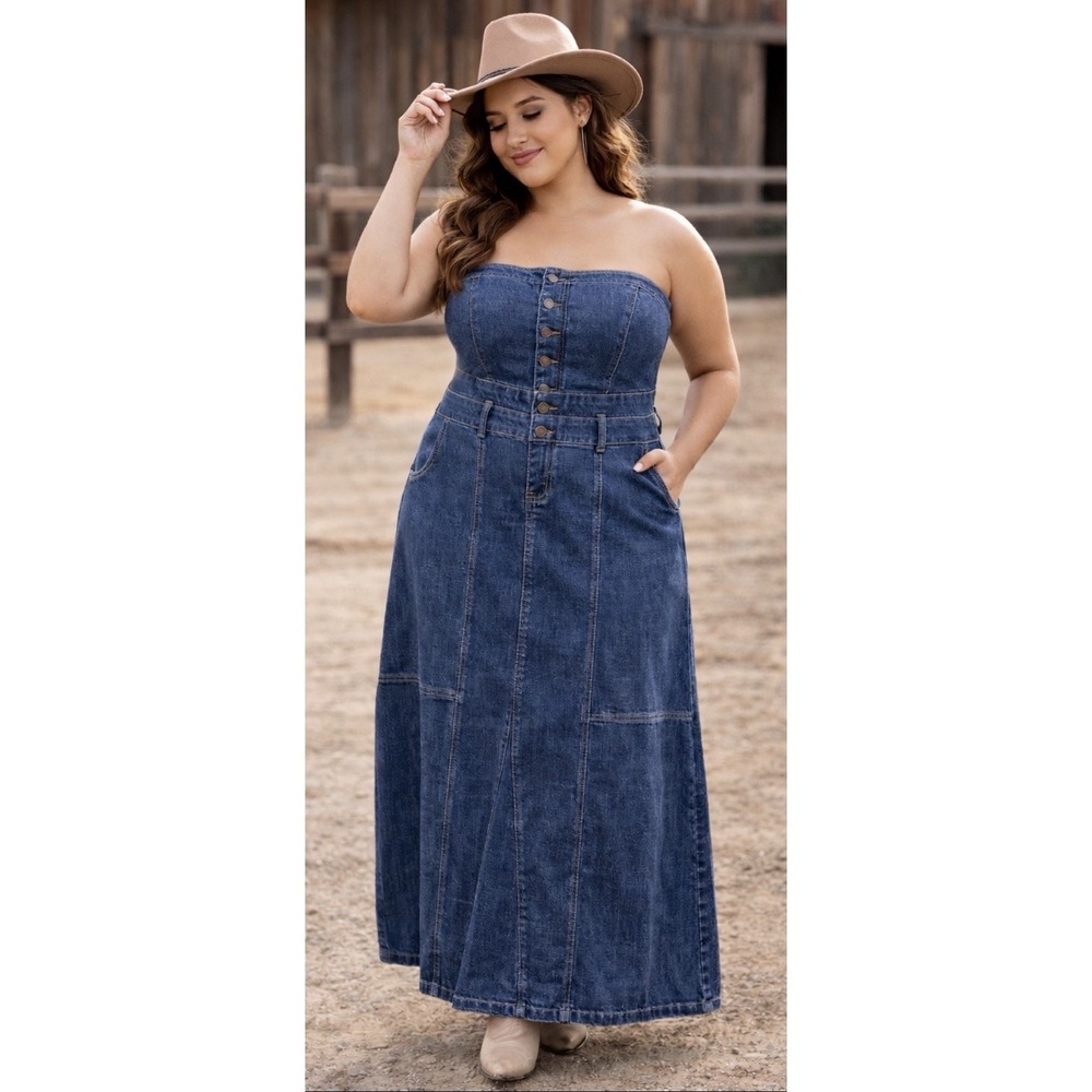 Y2K Denim Maxi Dress Women's 18 High Waist Corset Stretch Western Button Front